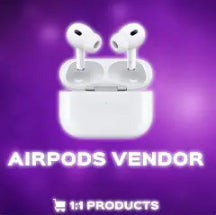 White wireless earbuds in charging case on a purple background with 'AirPods Vendor' text.